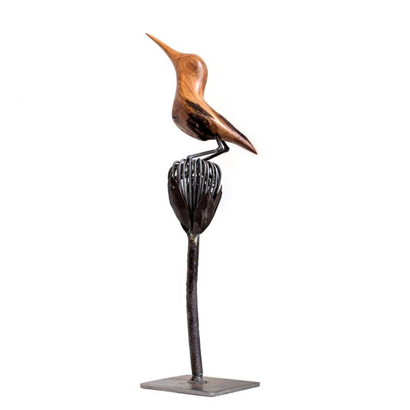 Bird on Flower - Wild Olive Wood and Wire - Small