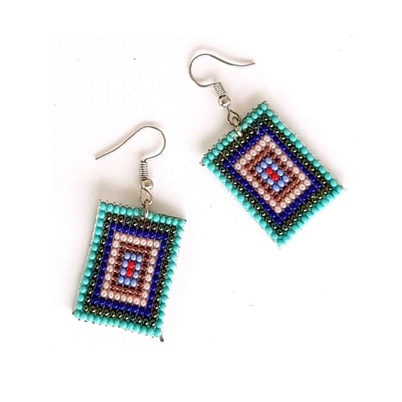 Earrings - Woven Bead - Square Blue