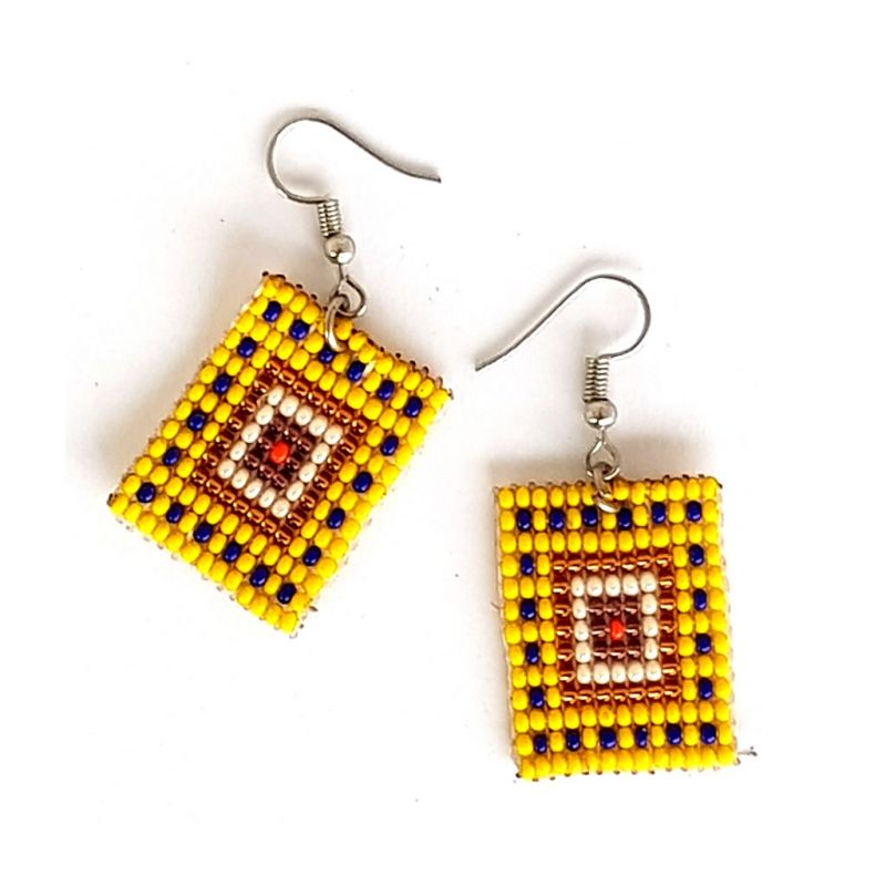 Earrings - Woven Bead - Square Yellow