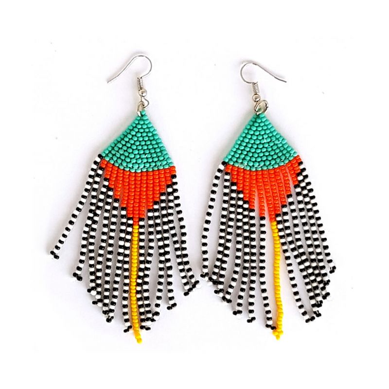 Earrings - Woven Bead - Tassles Turquoise Orange