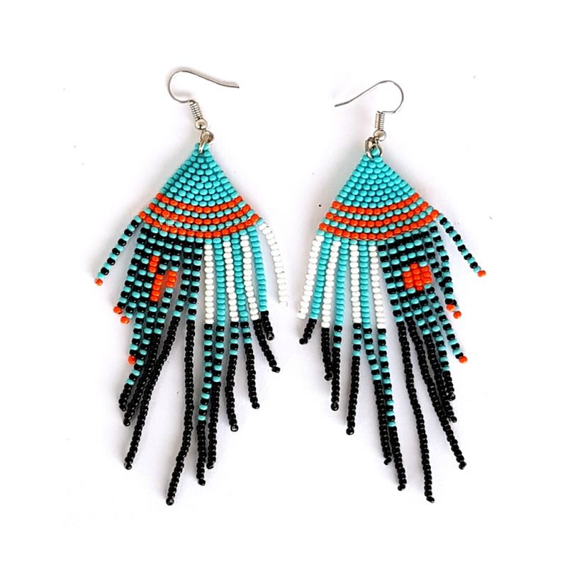 Earrings - Woven Bead - Tassles Turquoise Black