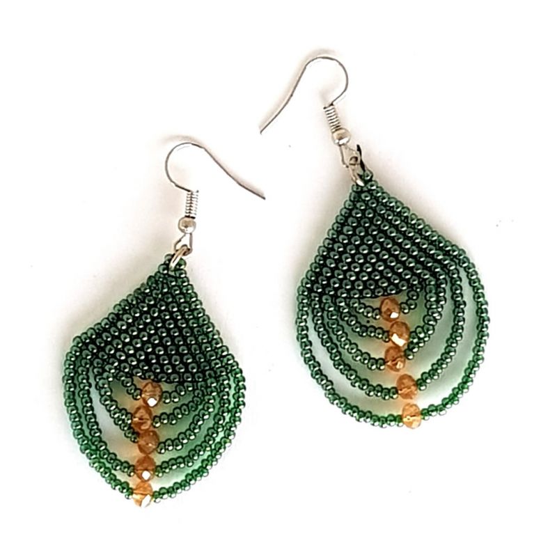 Earrings - Woven Bead - Teardrop Green