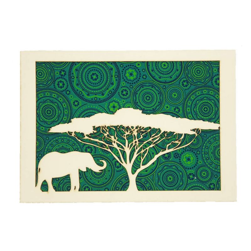 Lasercut Art - Acacia Tree & Elephant - Green Shweshwe A5