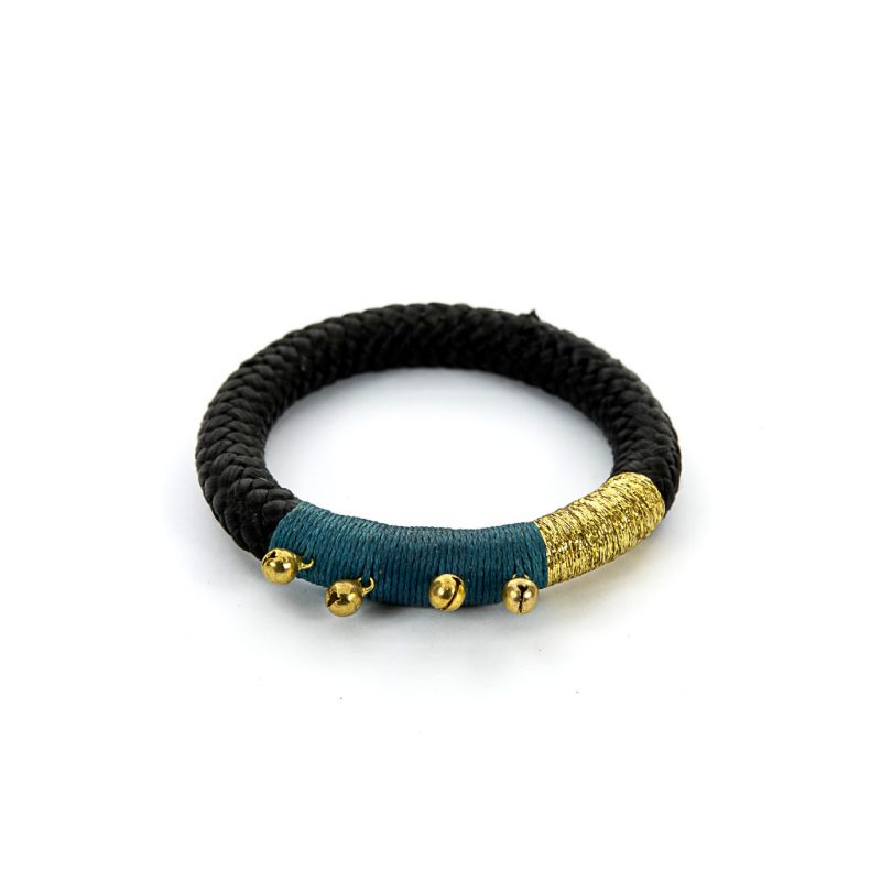 Bracelet - African - Black Rope - Turquoise & Gold