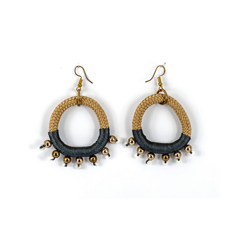 Earrings - Umoja - Beige Rope - Charcoal Thread