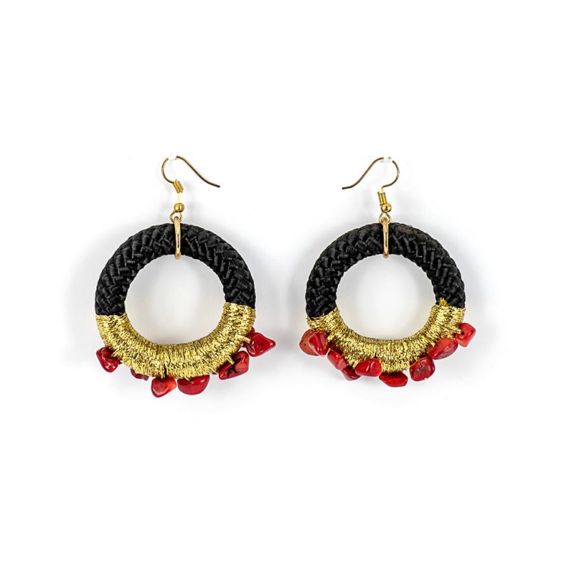 Earrings - Wongani - Black Rope - Red Crystals & Gold Thread 