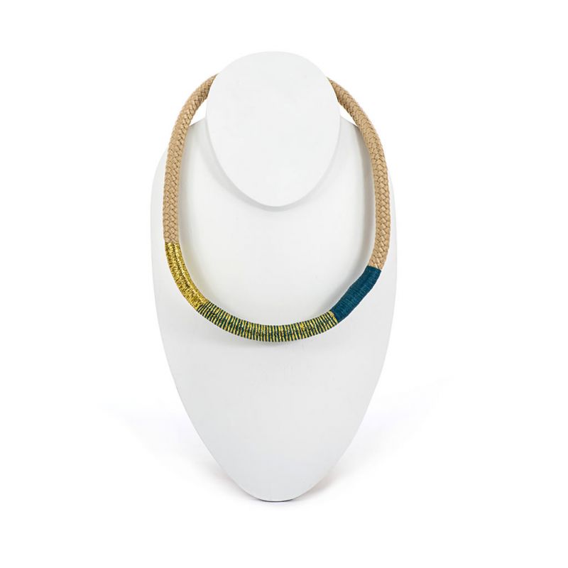 Necklace - African - Beige Rope - Gold & Blue