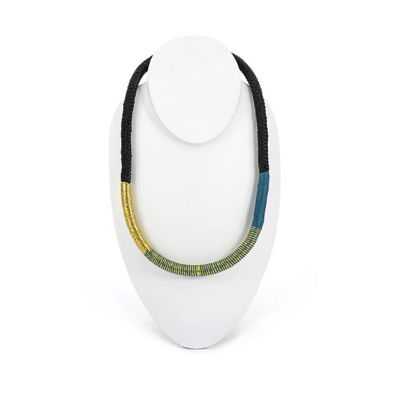 Necklaces -  African - Black Rope - Gold & Blue