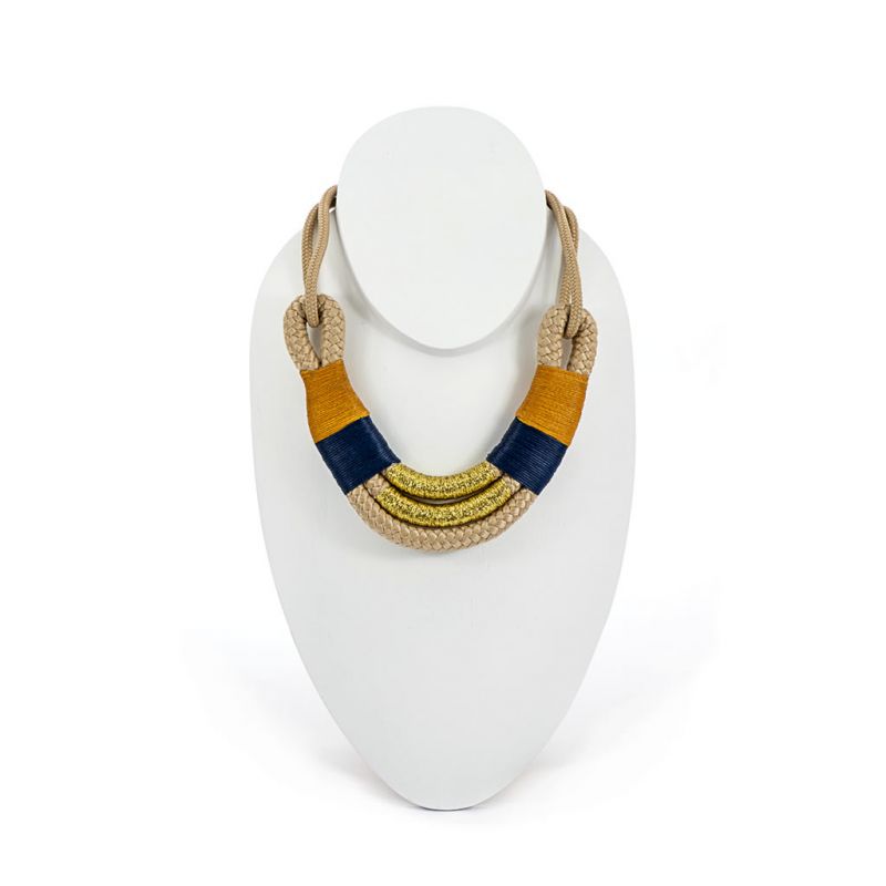 Necklace - Awa - Beige Rope - Gold, Mustard & Blue