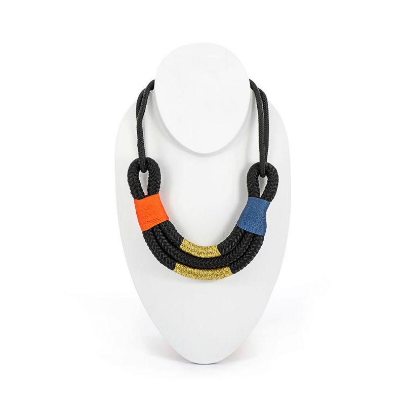 Necklace - Awa - Black Rope - Orange, Blue & Gold