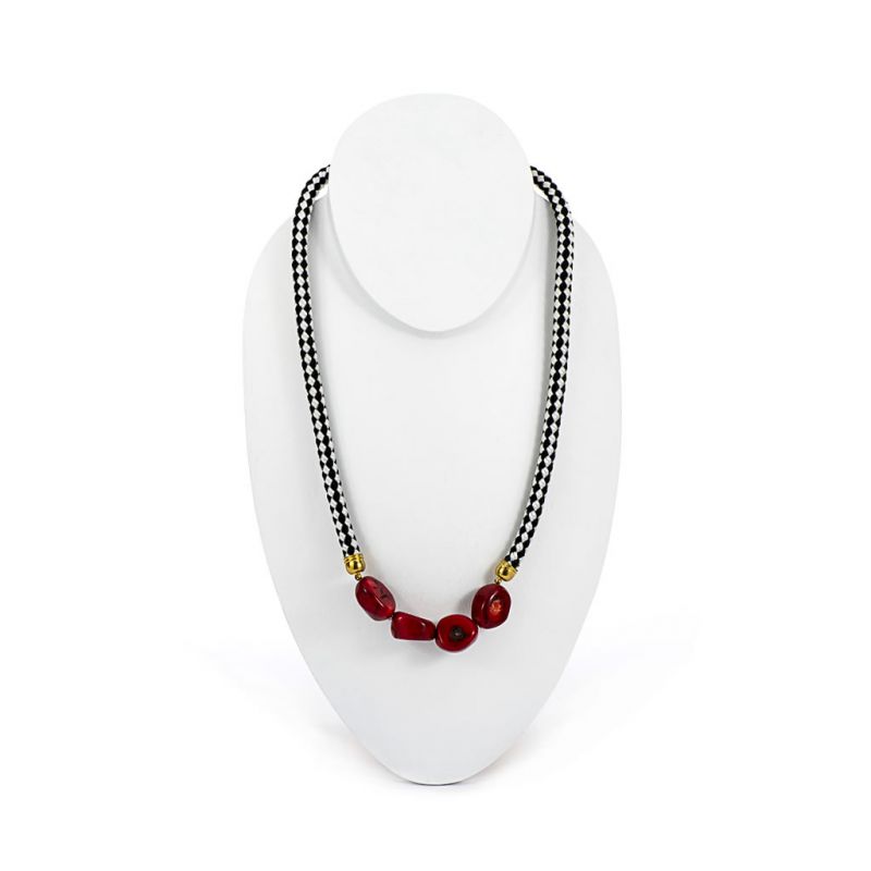 Necklace - Coral - Black & White Rope 