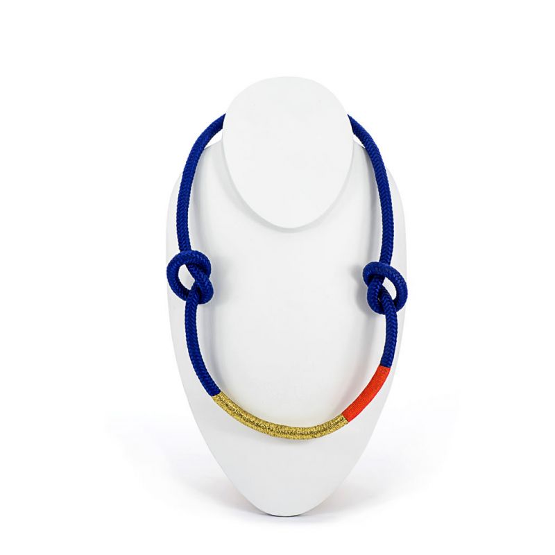 Necklace - Knotted African - Blue Rope - Gold & Orange