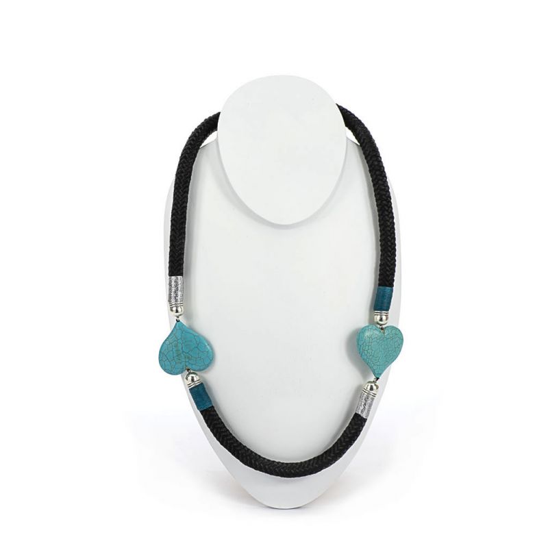 Necklace - Nakupenda - Black Rope - Turquoise Hearts