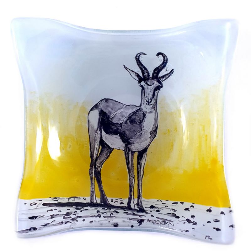 Glass Bowl Square - Springbok on Yellow