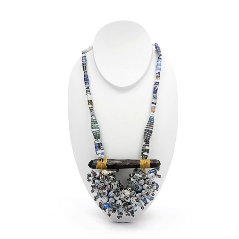 Necklace - Recycled Paper Bead and Wood Cluster