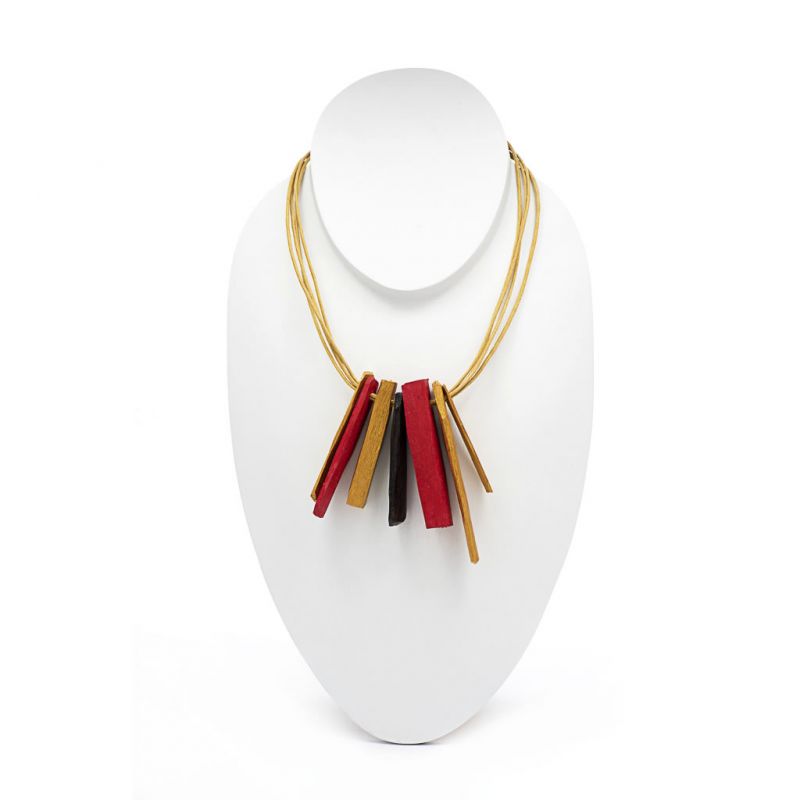 Necklace - Recycled Wood - Vertical Rays - Gold/Red