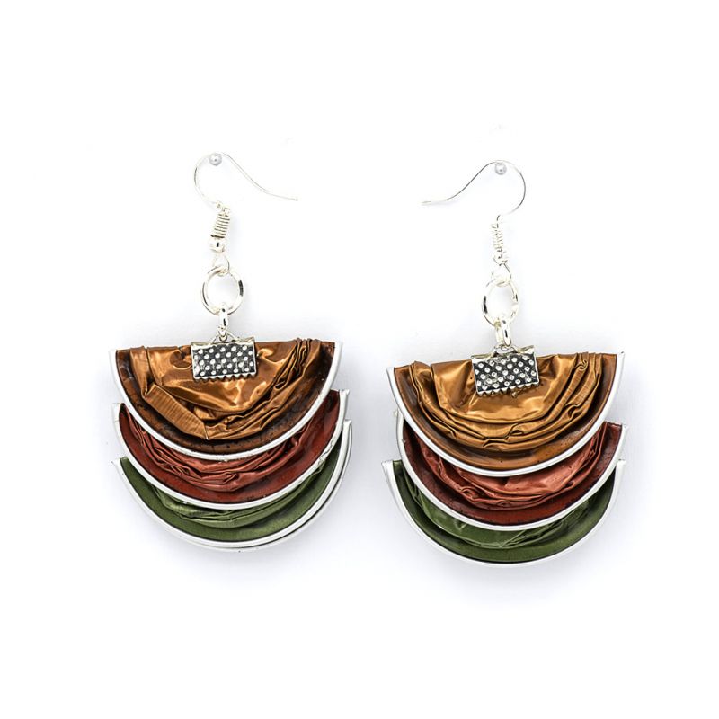 Earrings - Recycled Coffee Pods - Folded - Green, Brown, Red