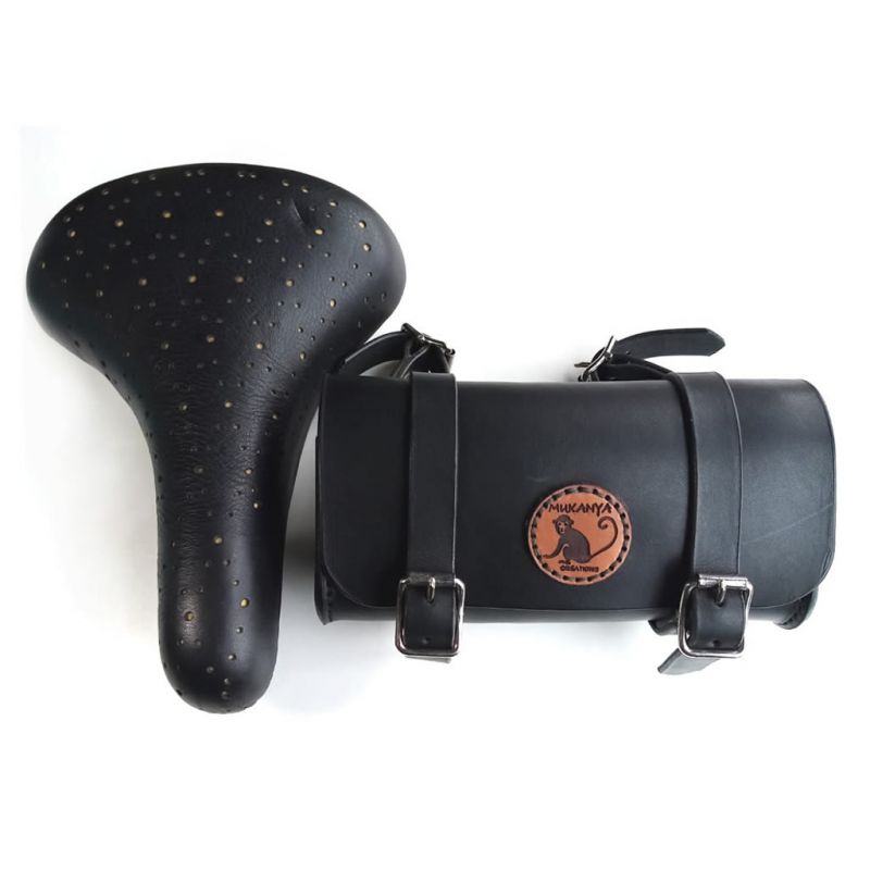 Leather Bicycle Saddle & Saddlebag - Black