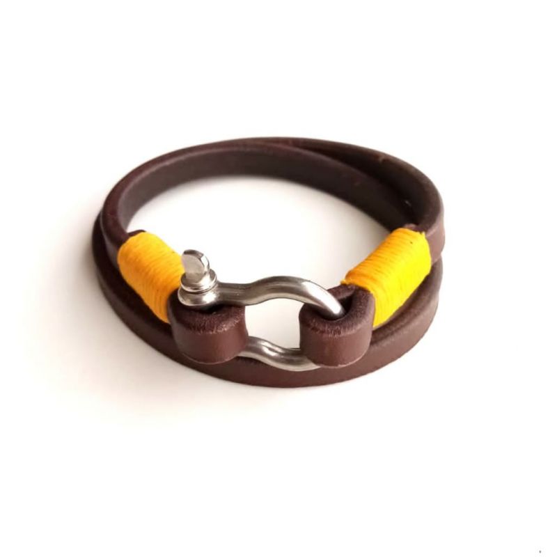 Leather (Double) Shackle Bracelet - Brown - Yellow Thread