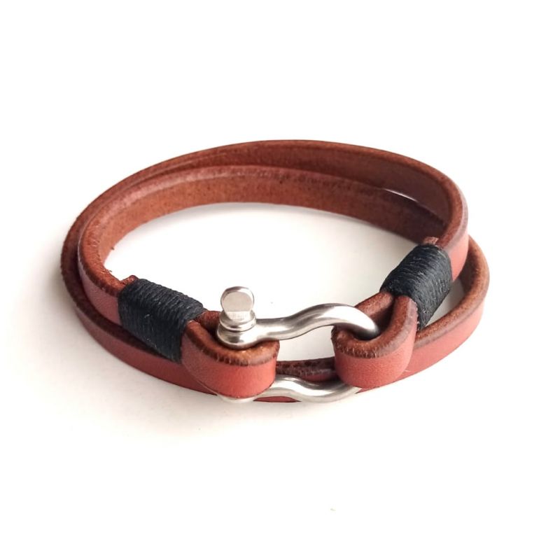 Leather (Double) Shackle Bracelet - Chestnut - Black Thread