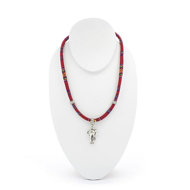 Necklace - Red Fabric - Elephant Pendant