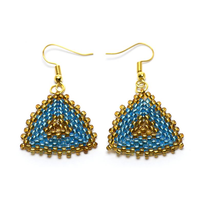 Earrings - Seed Bead Triangles - Turquoise & Gold - Medium