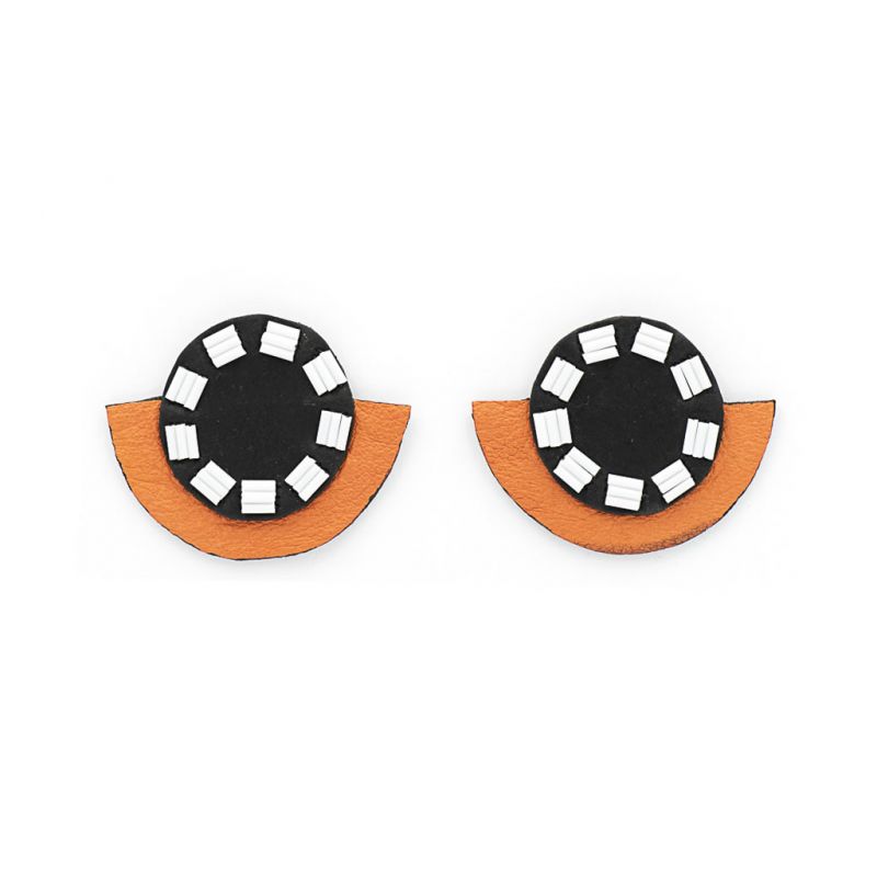 Earrings - Indwe Half Moons - Leather - Black and Apricot