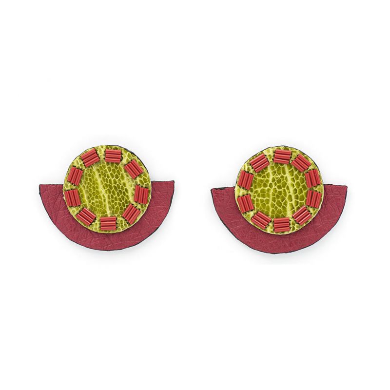 Earrings - Indwe Half Moons - Leather - Pink and Green