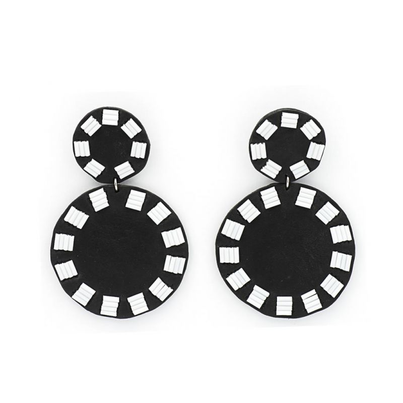 Earrings - Indwe Solid Circle Drops - Leather - Black and White