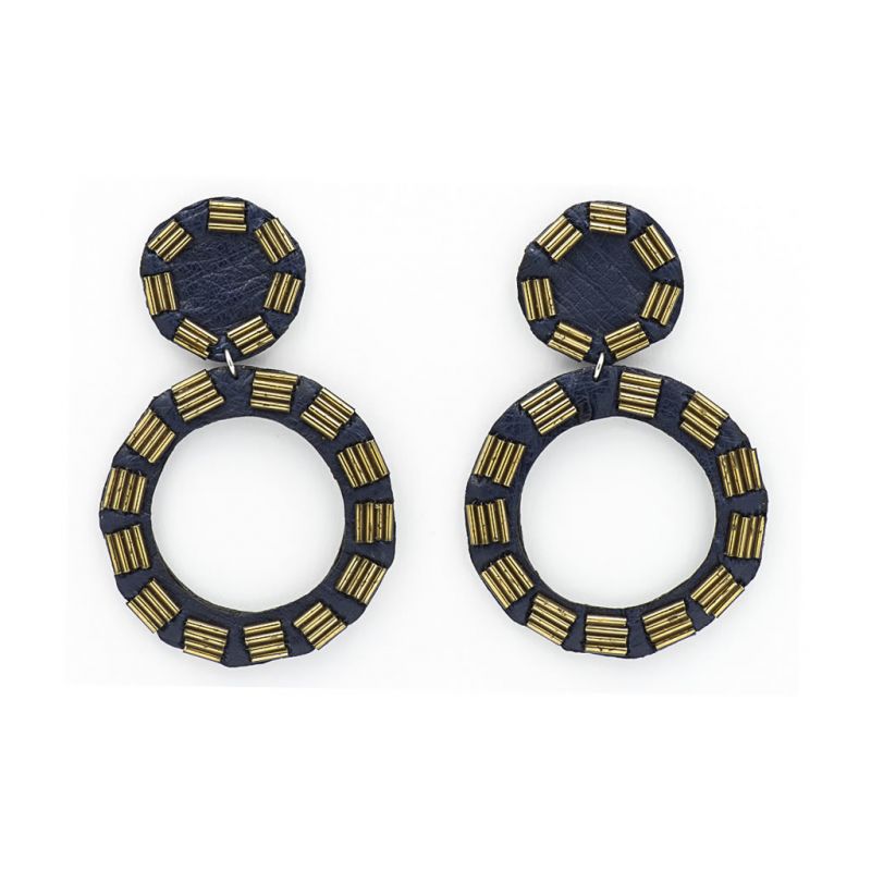 Earrings - Indwe Open CIrcle Drops - Leather - Blue
