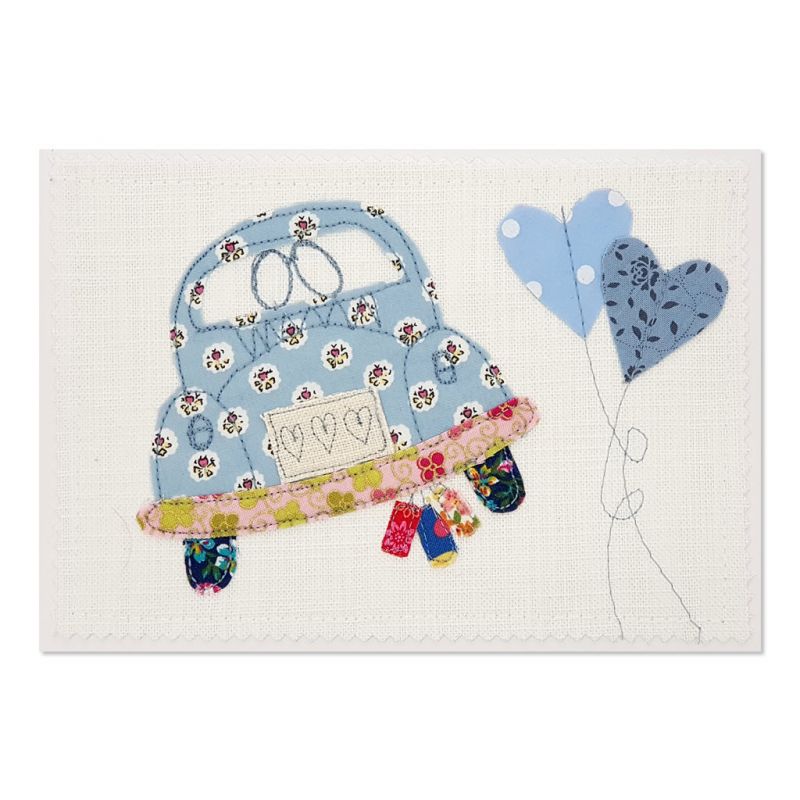 Just Married - VW Beetle - Greeting Card - Textile Art - A5 set of 4