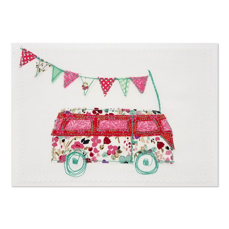 Floral VW Kombi - Greeting Card - Textile Art - A5 set of 4