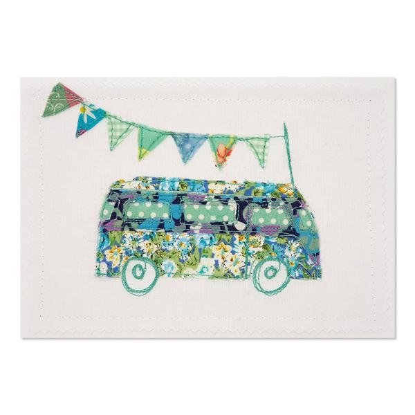 Floral VW Kombi - Greeting Card - Textile Art - A5 set of 4