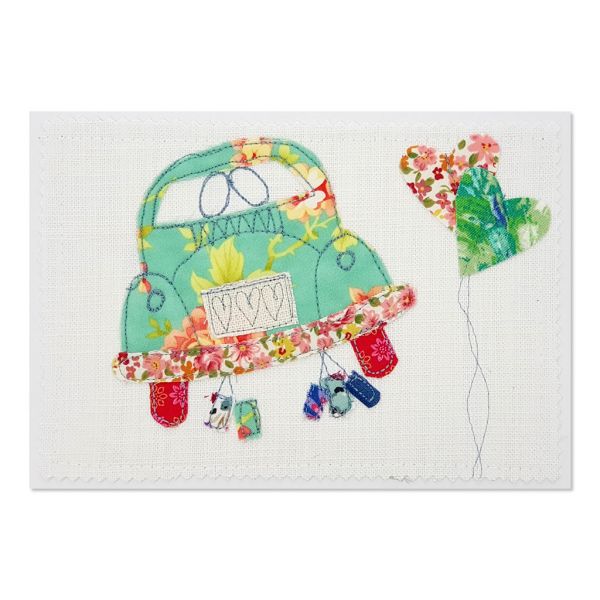 Just Married - VW Beetle - Greeting Card - Textile Art - A5 set of 4