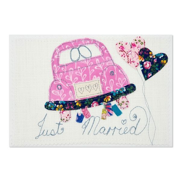 Just Married - VW Beetle - Greeting Card - Textile Art - A5 set of 4